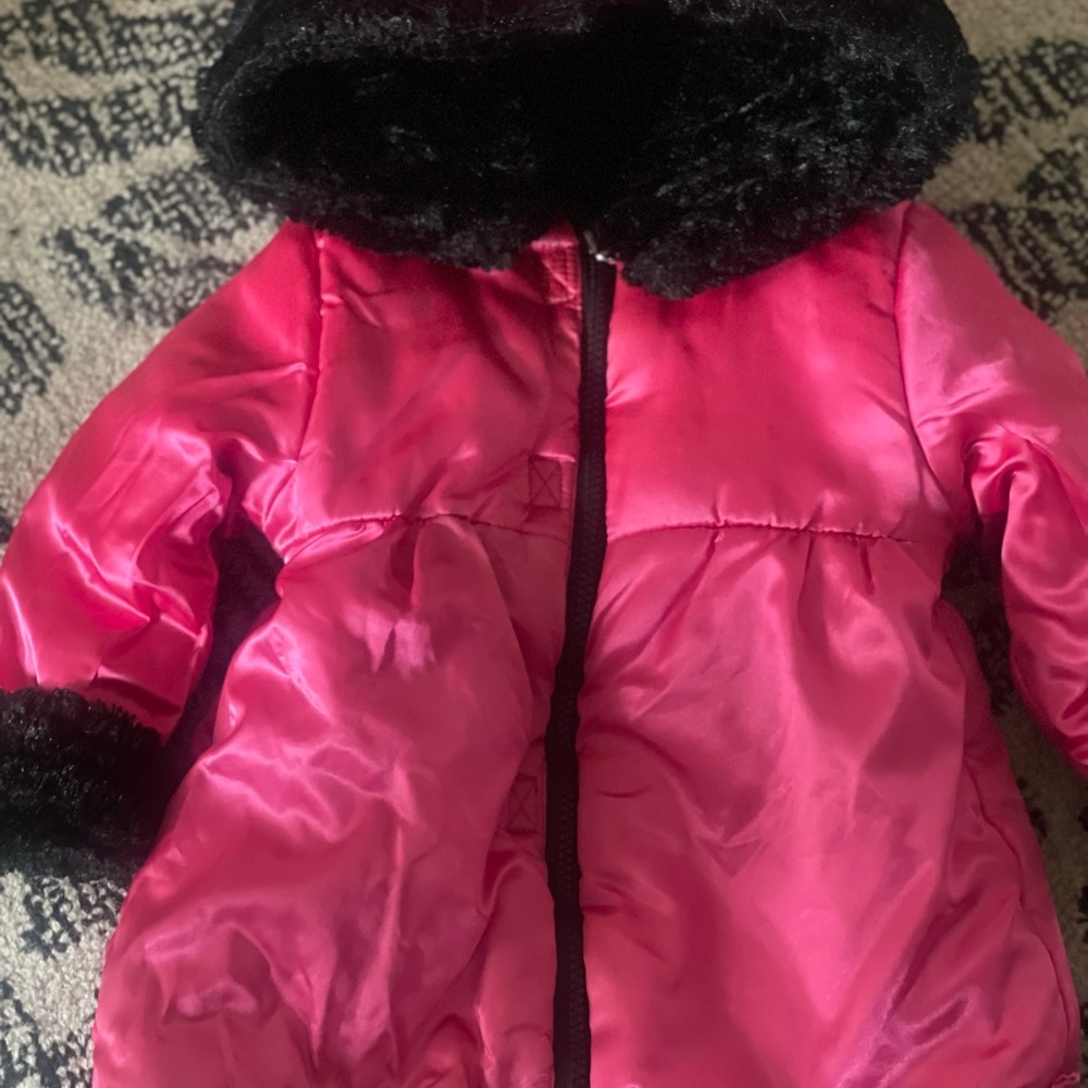 Unique Vintage Pink Puffer Jacket with Black  Fur Accents